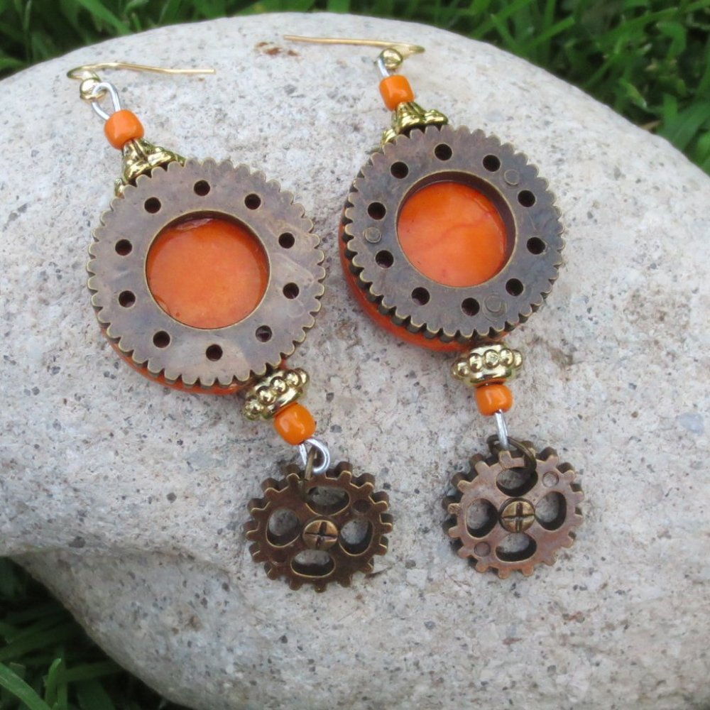Handcrafted Earrings Pierced Steampunk Orange Gears Lightweight Dangle Statement